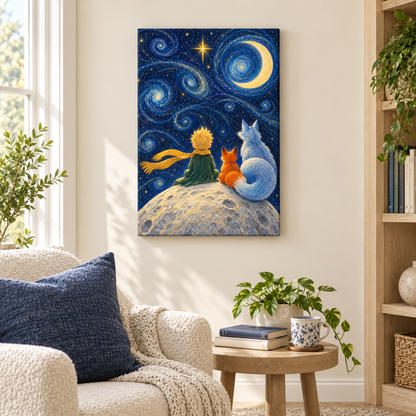 Starry Sky Child and Two Foxes — Stretched Canvas room scene | AUSJOJO