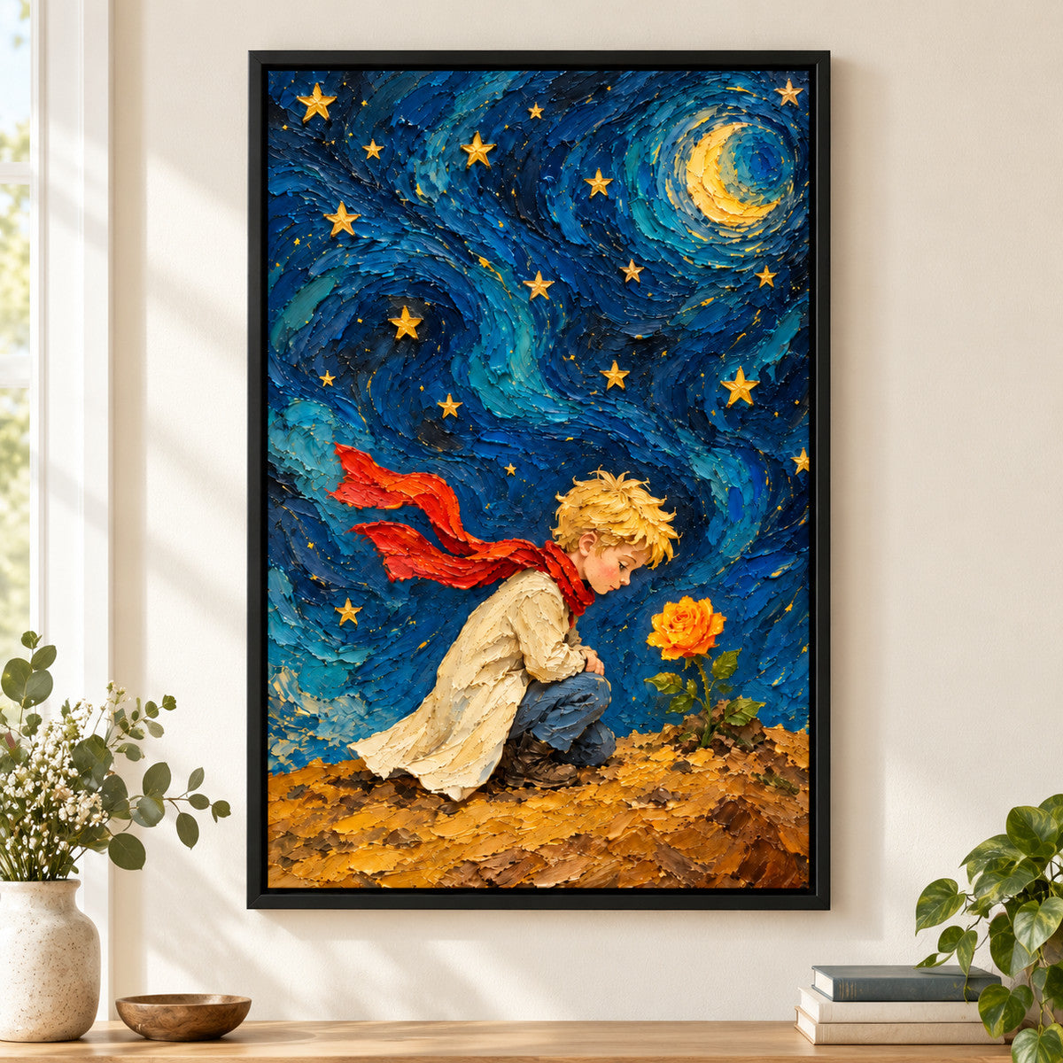 Night Boy and Rose Impasto — Black Frame wall scene | AUSJOJO