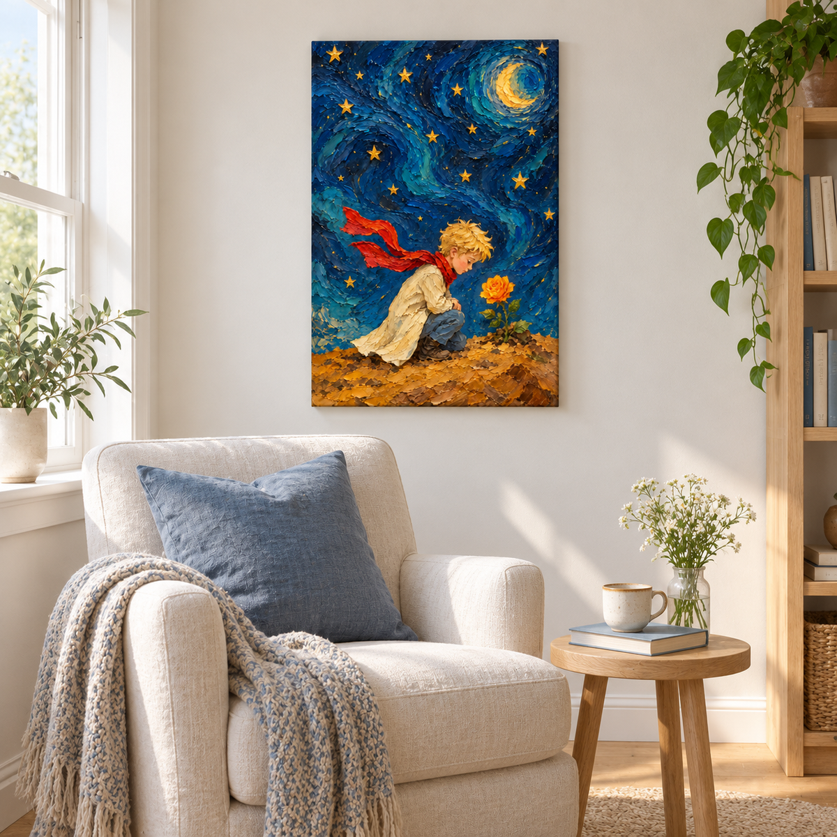 Night Boy and Rose Impasto — Stretched Canvas room scene | AUSJOJO