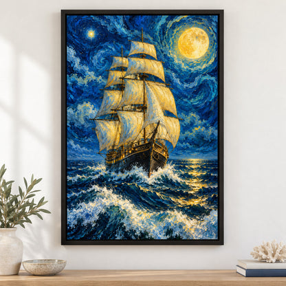 Moonlit Three Mast Sailing Ship — Black Frame wall scene | AUSJOJO