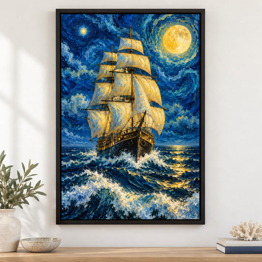 Moonlit Three Mast Sailing Ship — Black Frame wall scene | AUSJOJO