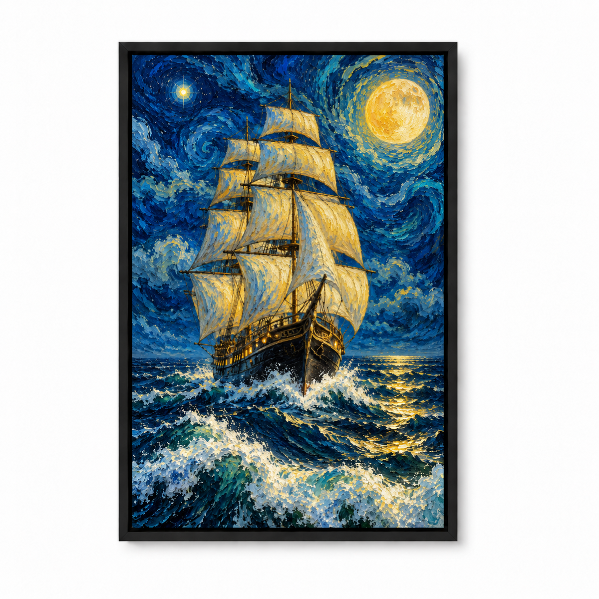 Moonlit Three Mast Sailing Ship — Black Frame finish product view | AUSJOJO