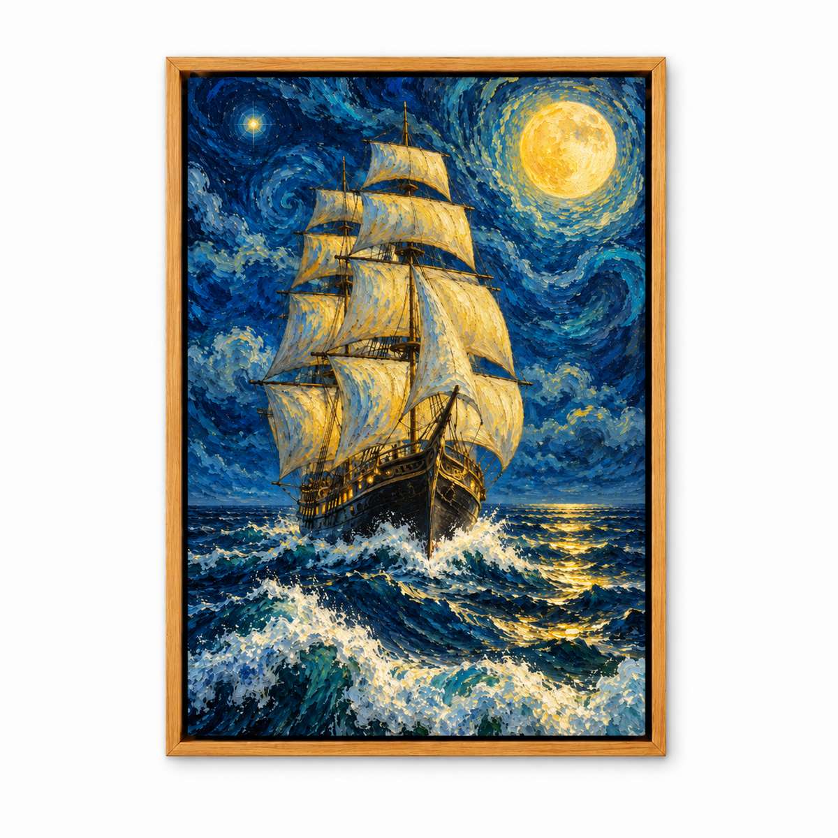 Moonlit Three Mast Sailing Ship — Brown Frame finish product view | AUSJOJO