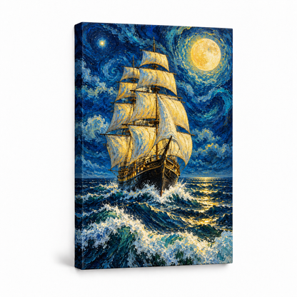Moonlit Three Mast Sailing Ship — Stretched Canvas product view | AUSJOJO