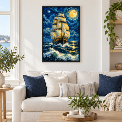 Moonlit Three Mast Sailing Ship — Black Frame room scene | AUSJOJO