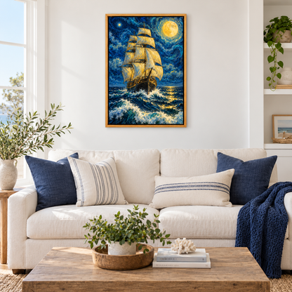 Moonlit Three Mast Sailing Ship — Brown Frame room scene | AUSJOJO