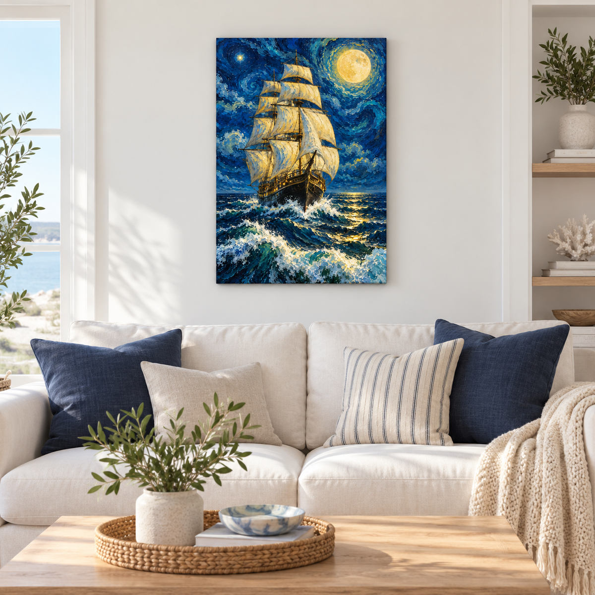 Moonlit Three Mast Sailing Ship — Stretched Canvas room scene | AUSJOJO