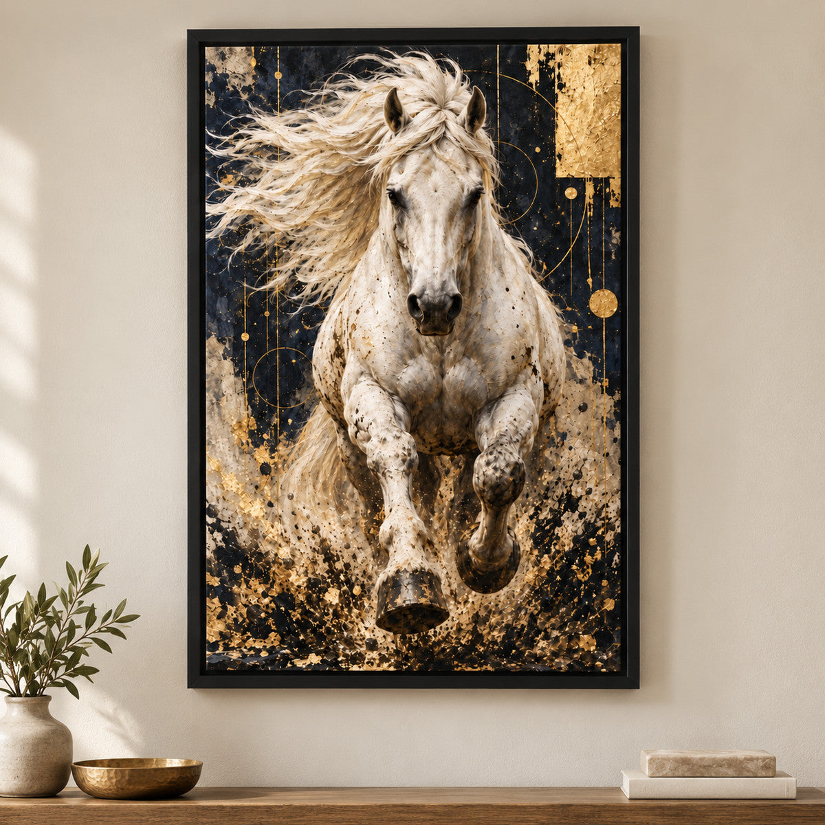 Charging White Horse Gold Abstract — Black Frame wall scene | AUSJOJO