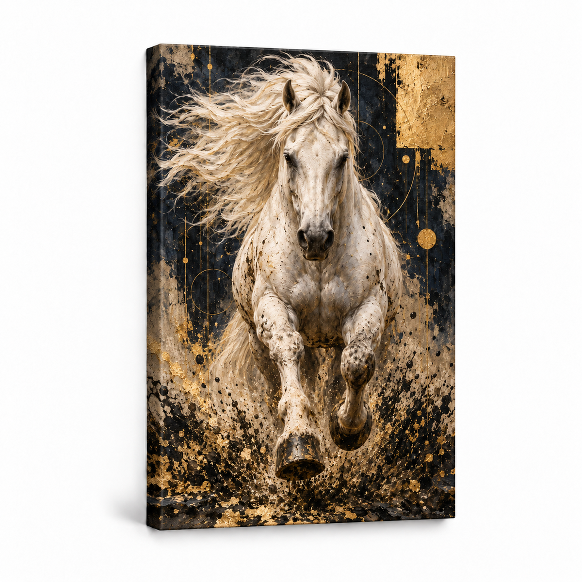 Charging White Horse Gold Abstract — Stretched Canvas product view | AUSJOJO