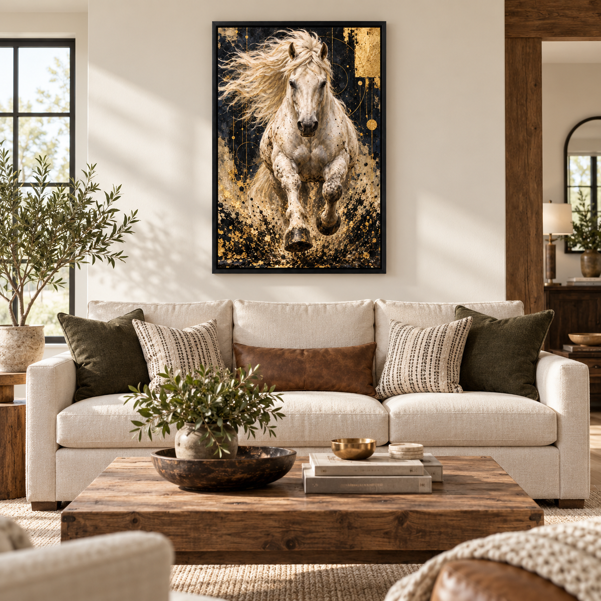 Charging White Horse Gold Abstract — Black Frame room scene | AUSJOJO