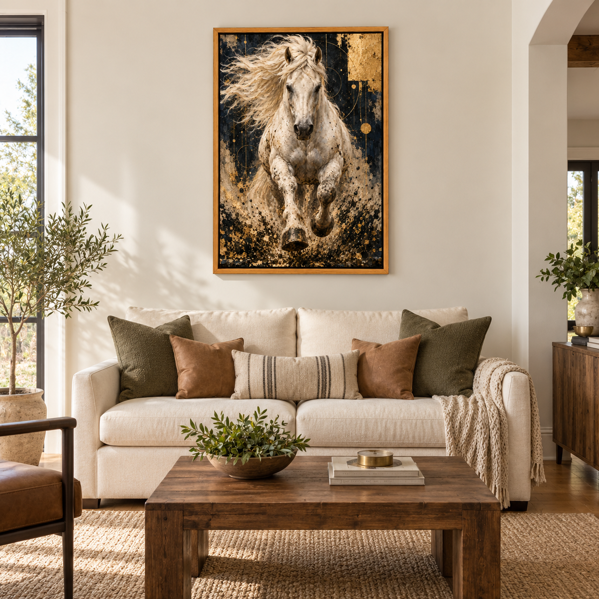 Charging White Horse Gold Abstract — Brown Frame room scene | AUSJOJO