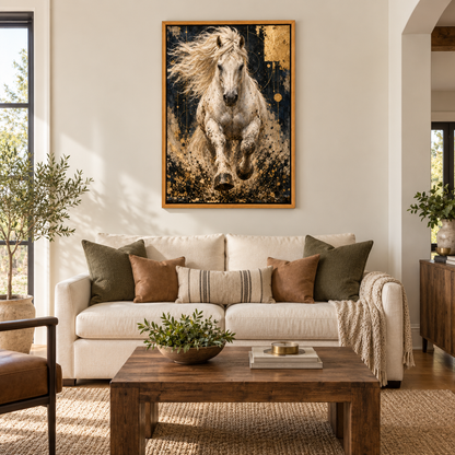 Charging White Horse Gold Abstract — Brown Frame room scene | AUSJOJO