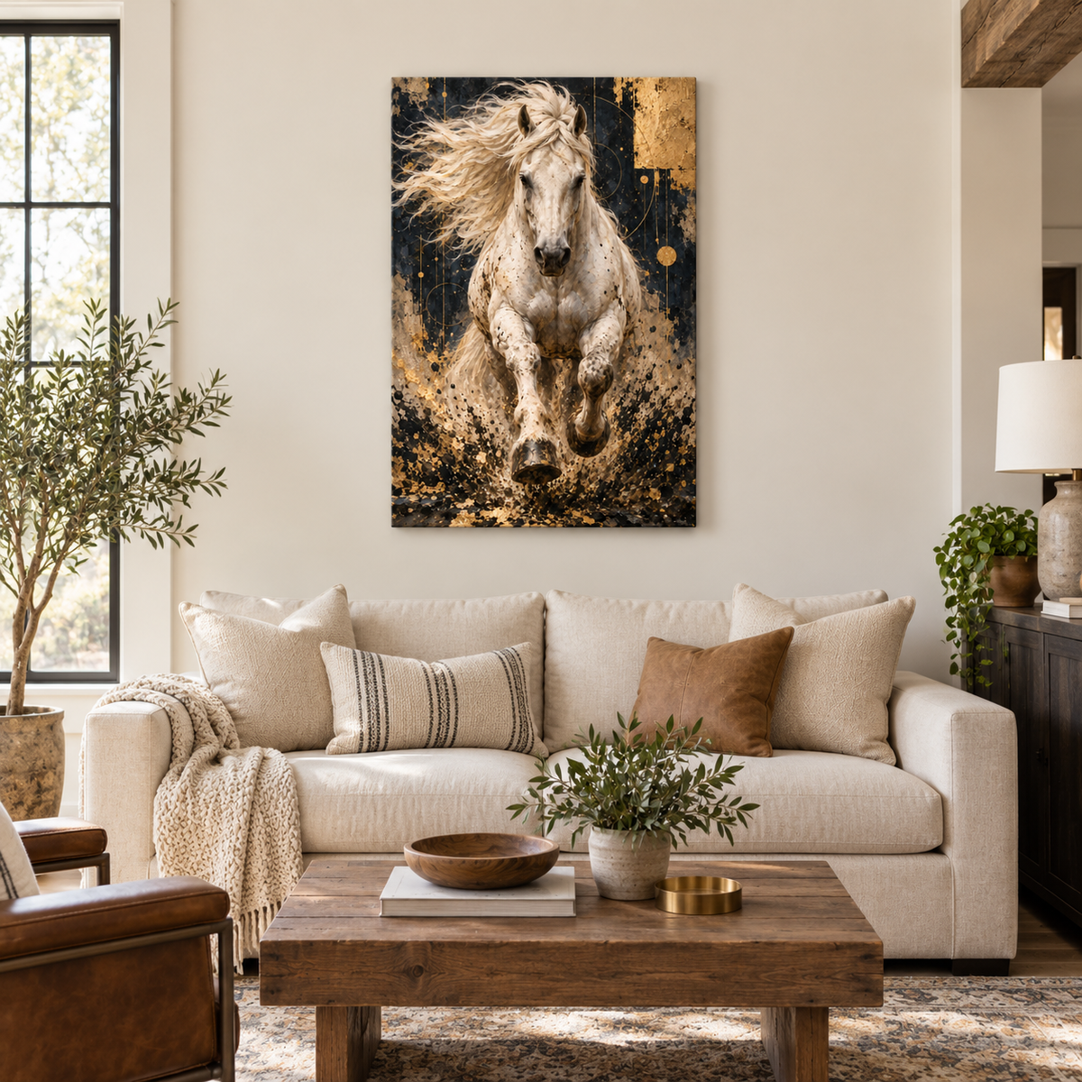 Charging White Horse Gold Abstract — Stretched Canvas room scene | AUSJOJO