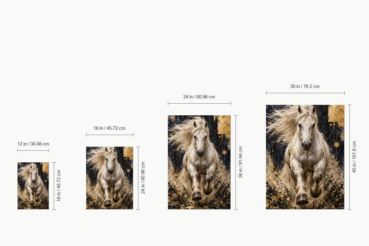 Charging White Horse Gold Abstract — size comparison guide | AUSJOJO