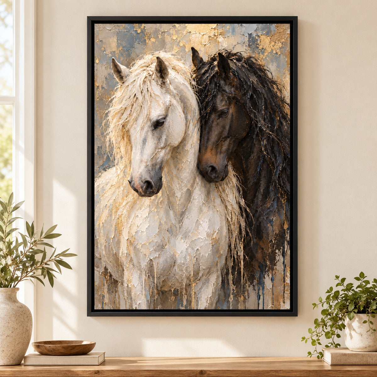Nuzzling White and Dark Horses — Black Frame wall scene | AUSJOJO