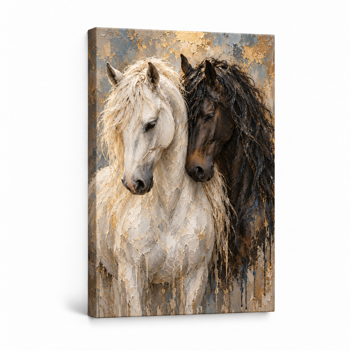 Nuzzling White and Dark Horses — Stretched Canvas product view | AUSJOJO