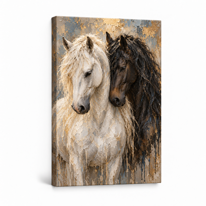 Nuzzling White and Dark Horses — Stretched Canvas product view | AUSJOJO