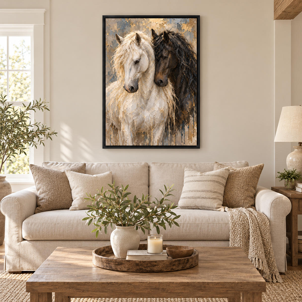 Nuzzling White and Dark Horses — Black Frame room scene | AUSJOJO