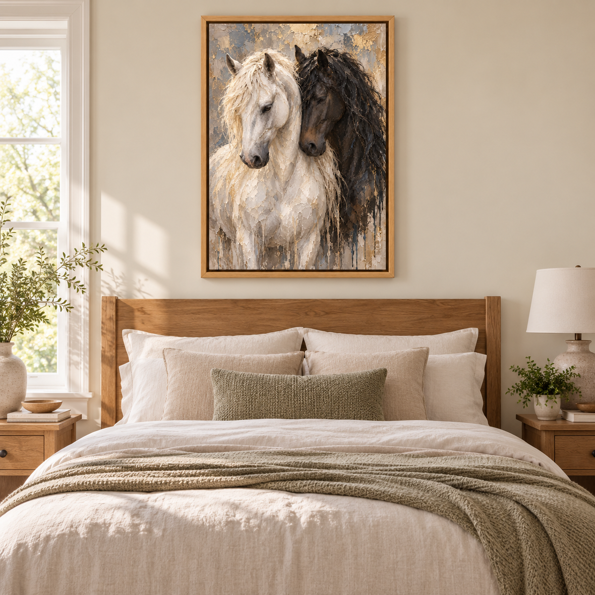 Nuzzling White and Dark Horses — Brown Frame room scene | AUSJOJO