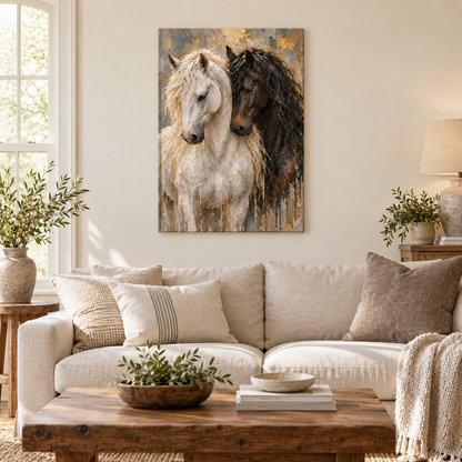 Nuzzling White and Dark Horses — Stretched Canvas room scene | AUSJOJO