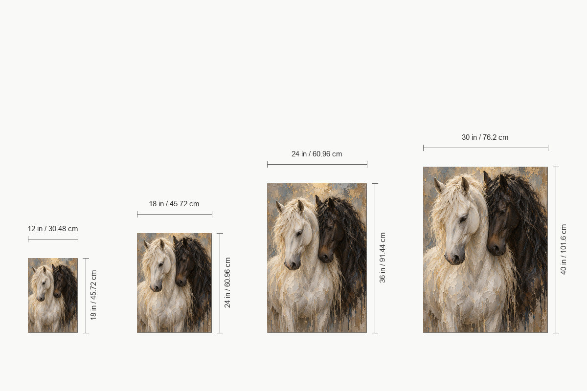 Nuzzling White and Dark Horses — size comparison guide | AUSJOJO