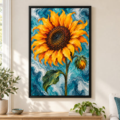 Sunflower on Teal Marble — Black Frame wall scene | AUSJOJO