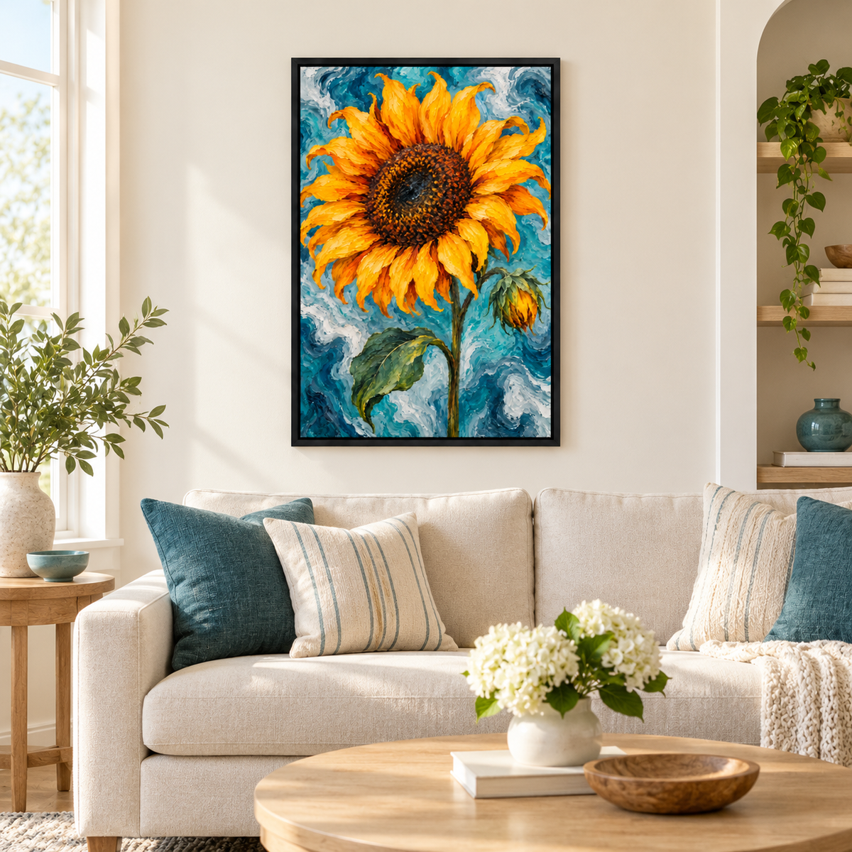 Sunflower on Teal Marble — Black Frame room scene | AUSJOJO