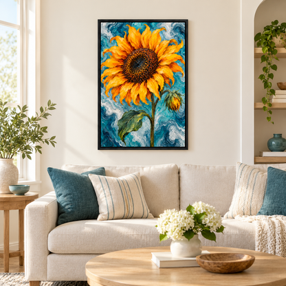 Sunflower on Teal Marble — Black Frame room scene | AUSJOJO