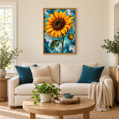 Sunflower on Teal Marble — Brown Frame room scene | AUSJOJO
