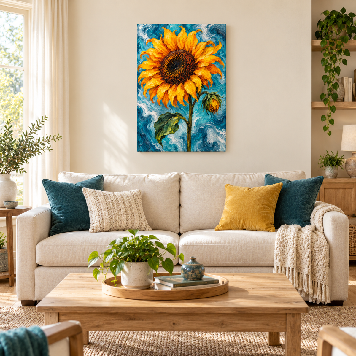 Sunflower on Teal Marble — Stretched Canvas room scene | AUSJOJO