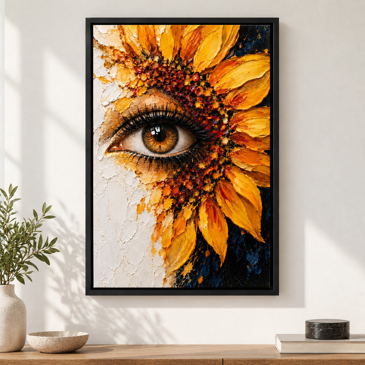 Surreal Sunflower Eye Impasto — Black Frame wall scene | AUSJOJO