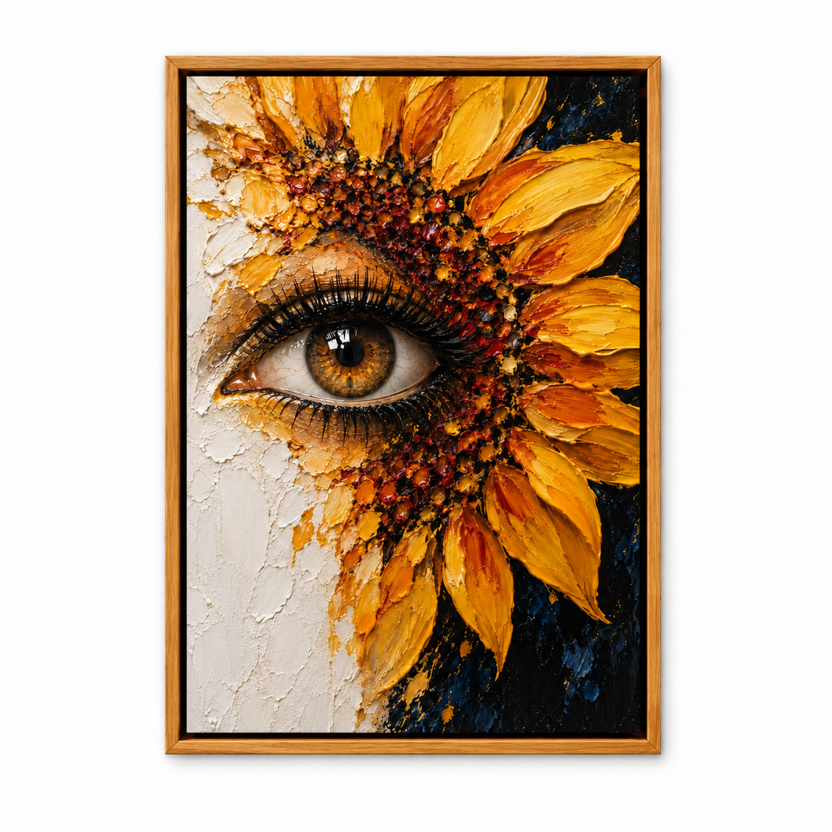 Surreal Sunflower Eye Impasto — Brown Frame finish product view | AUSJOJO