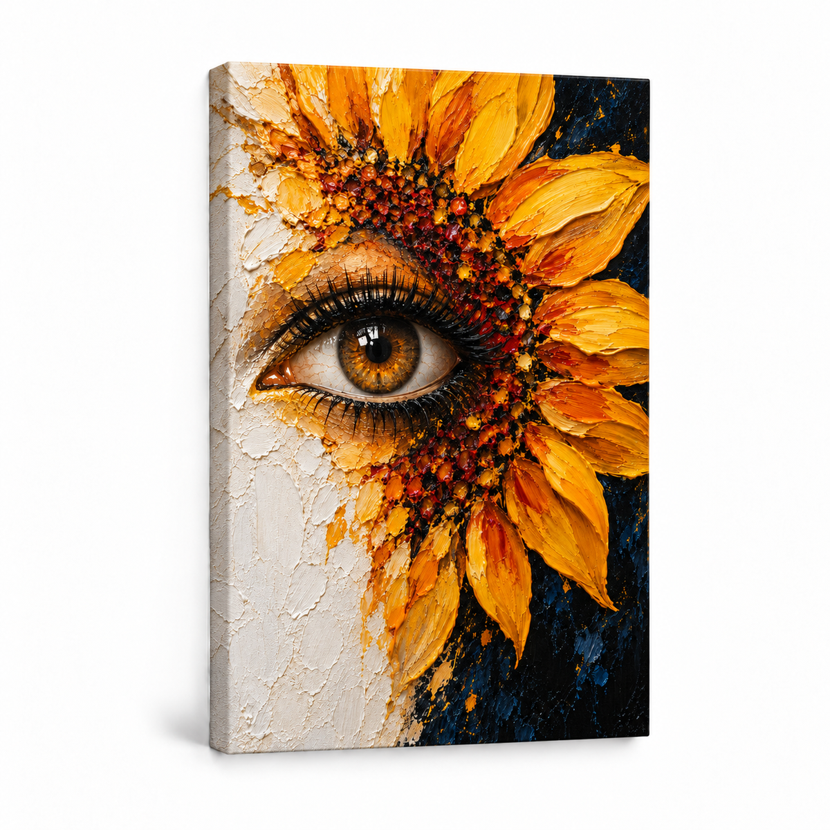 Surreal Sunflower Eye Impasto — Stretched Canvas product view | AUSJOJO