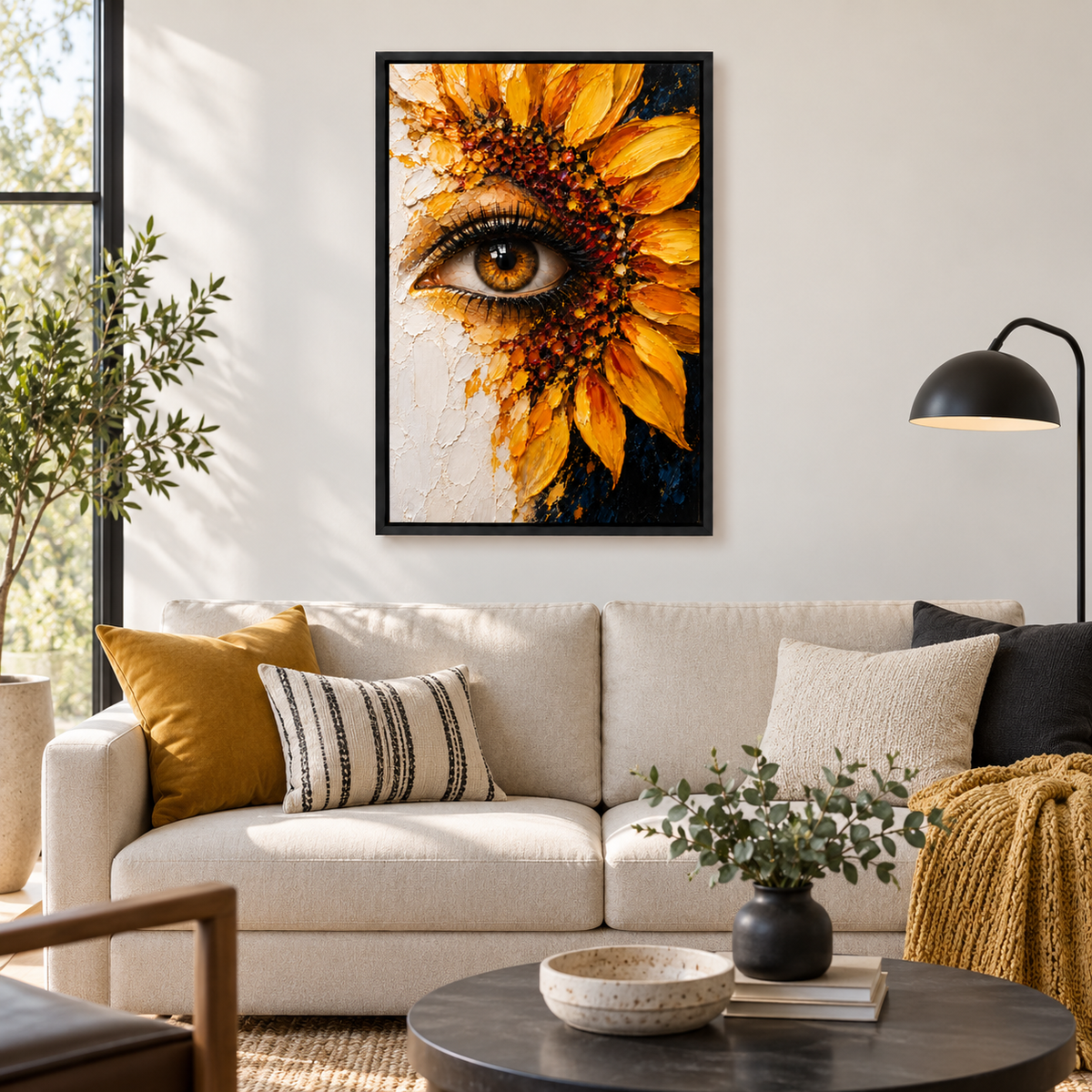 Surreal Sunflower Eye Impasto — Black Frame room scene | AUSJOJO