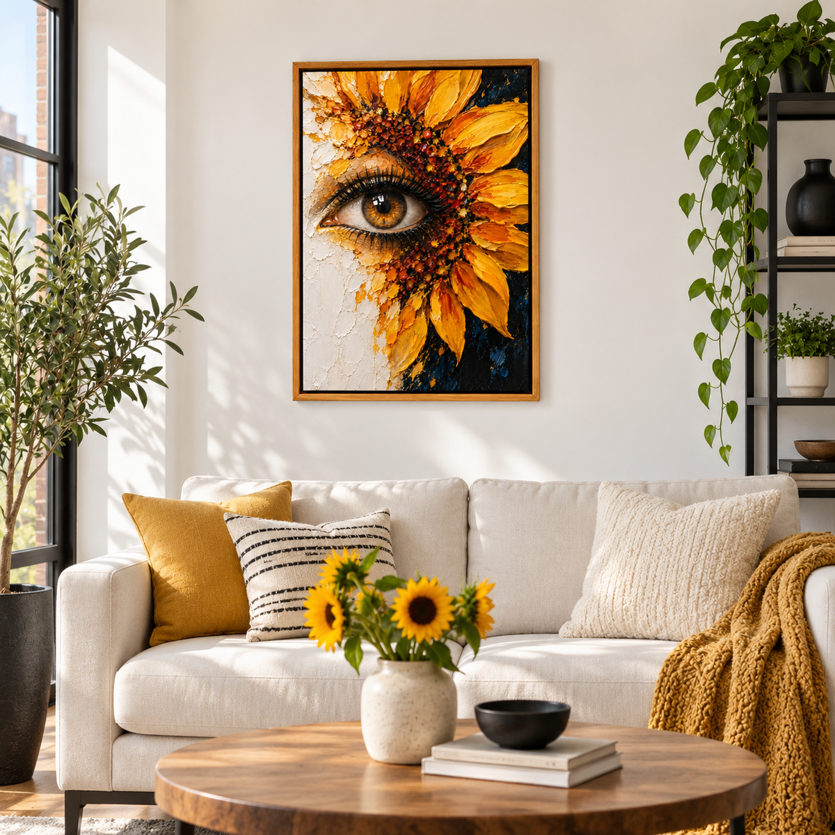 Surreal Sunflower Eye Impasto — Brown Frame room scene | AUSJOJO