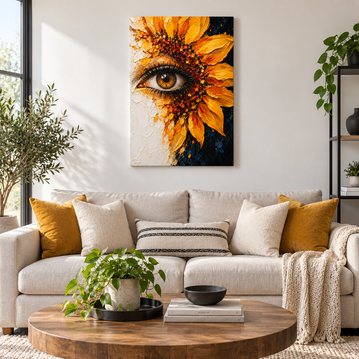 Surreal Sunflower Eye Impasto — Stretched Canvas room scene | AUSJOJO