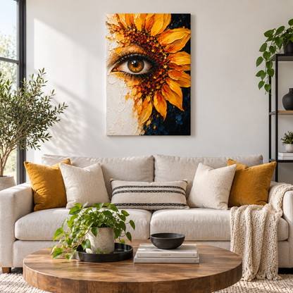 Surreal Sunflower Eye Impasto — Stretched Canvas room scene | AUSJOJO