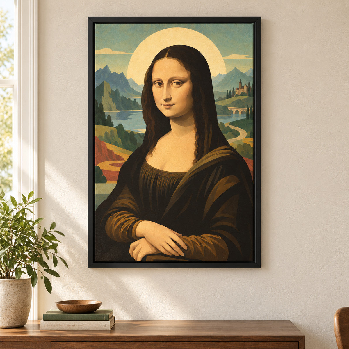 Retro Halo Classic Woman Portrait — Black Frame wall scene | AUSJOJO