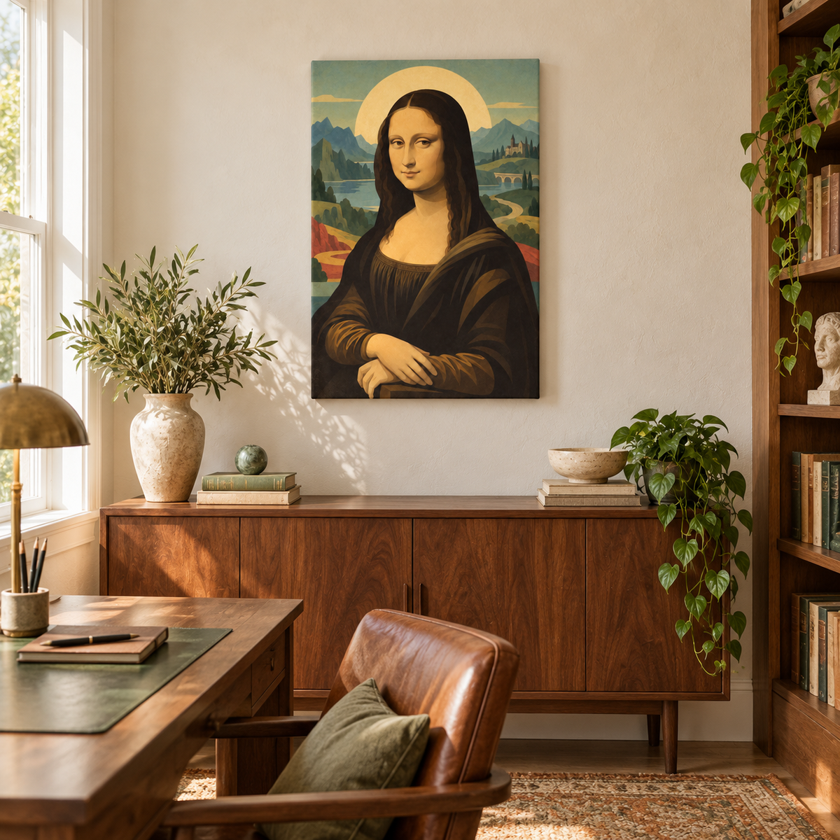 Retro Halo Classic Woman Portrait — Stretched Canvas room scene | AUSJOJO