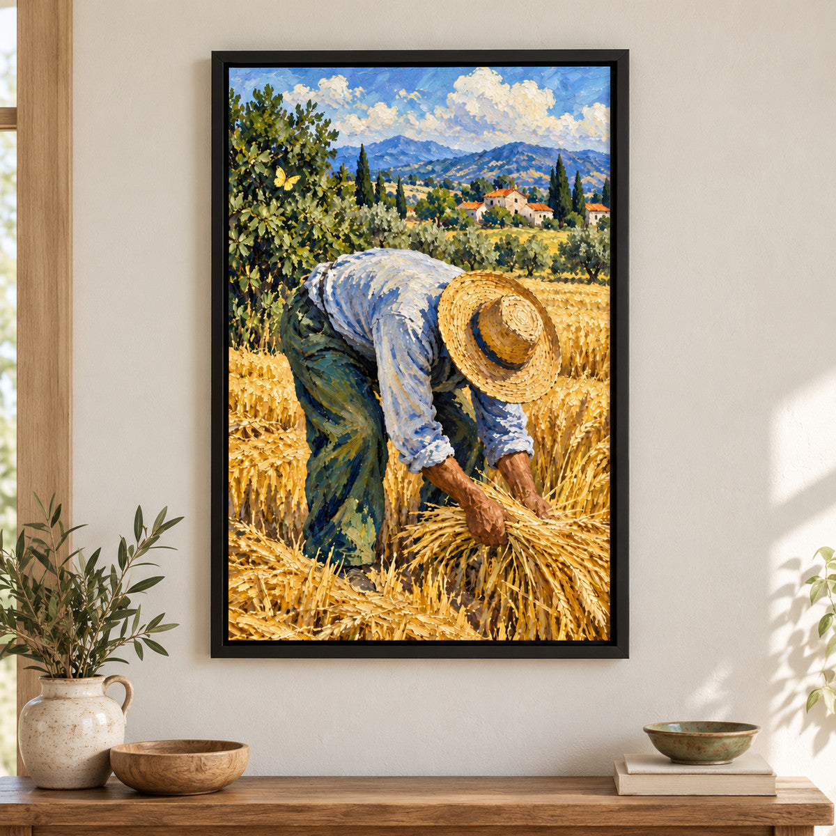 Golden Wheat Harvest Worker — Black Frame wall scene | AUSJOJO