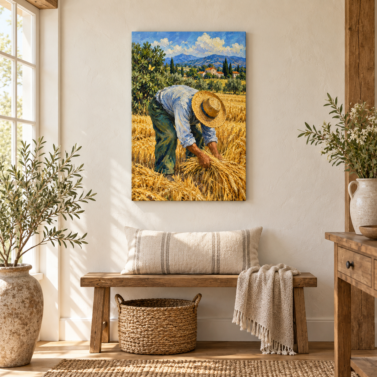 Golden Wheat Harvest Worker — Stretched Canvas room scene | AUSJOJO