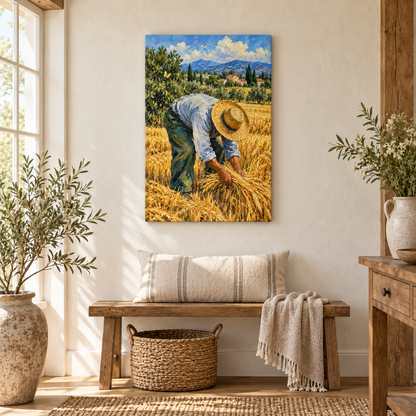 Golden Wheat Harvest Worker — Stretched Canvas room scene | AUSJOJO