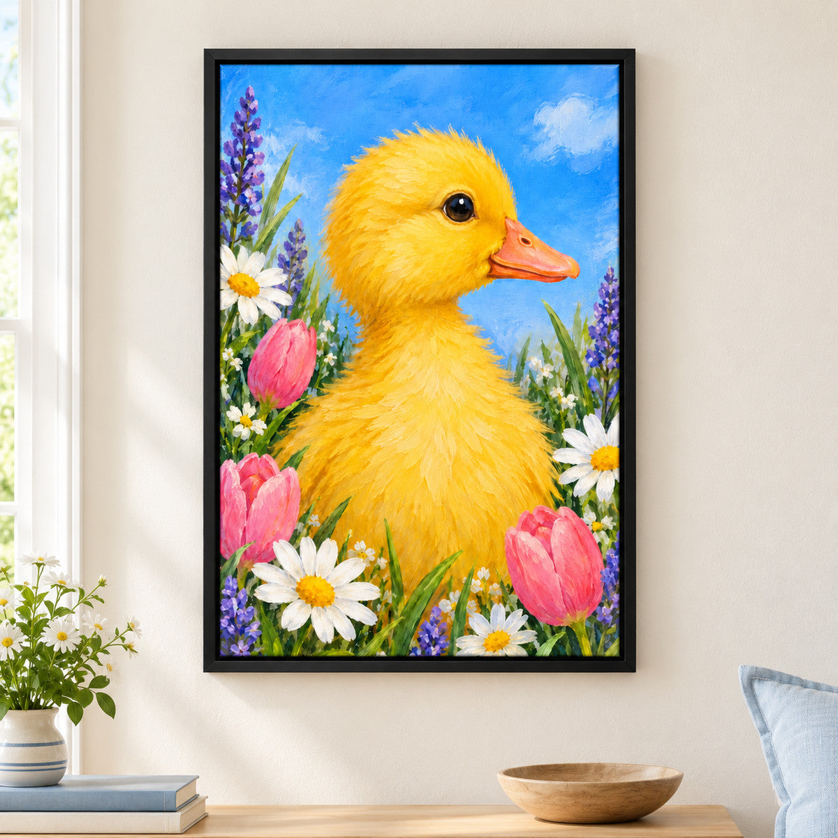 Spring Duckling and Flowers — Black Frame wall scene | AUSJOJO