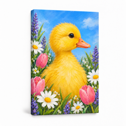 Spring Duckling and Flowers — Stretched Canvas product view | AUSJOJO
