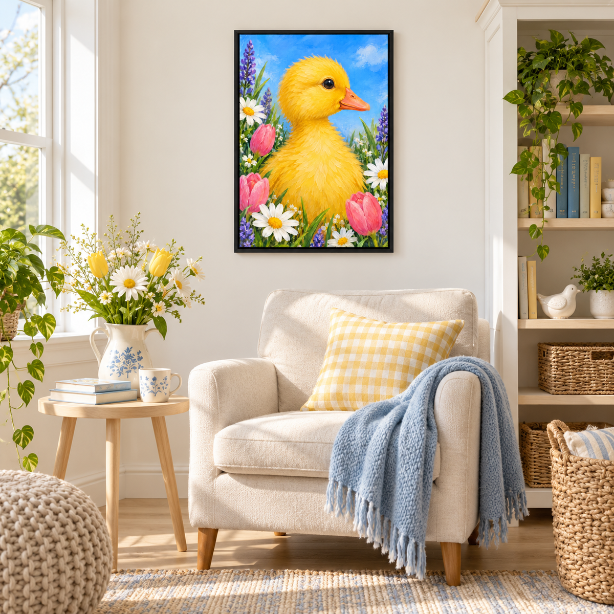 Spring Duckling and Flowers — Black Frame room scene | AUSJOJO