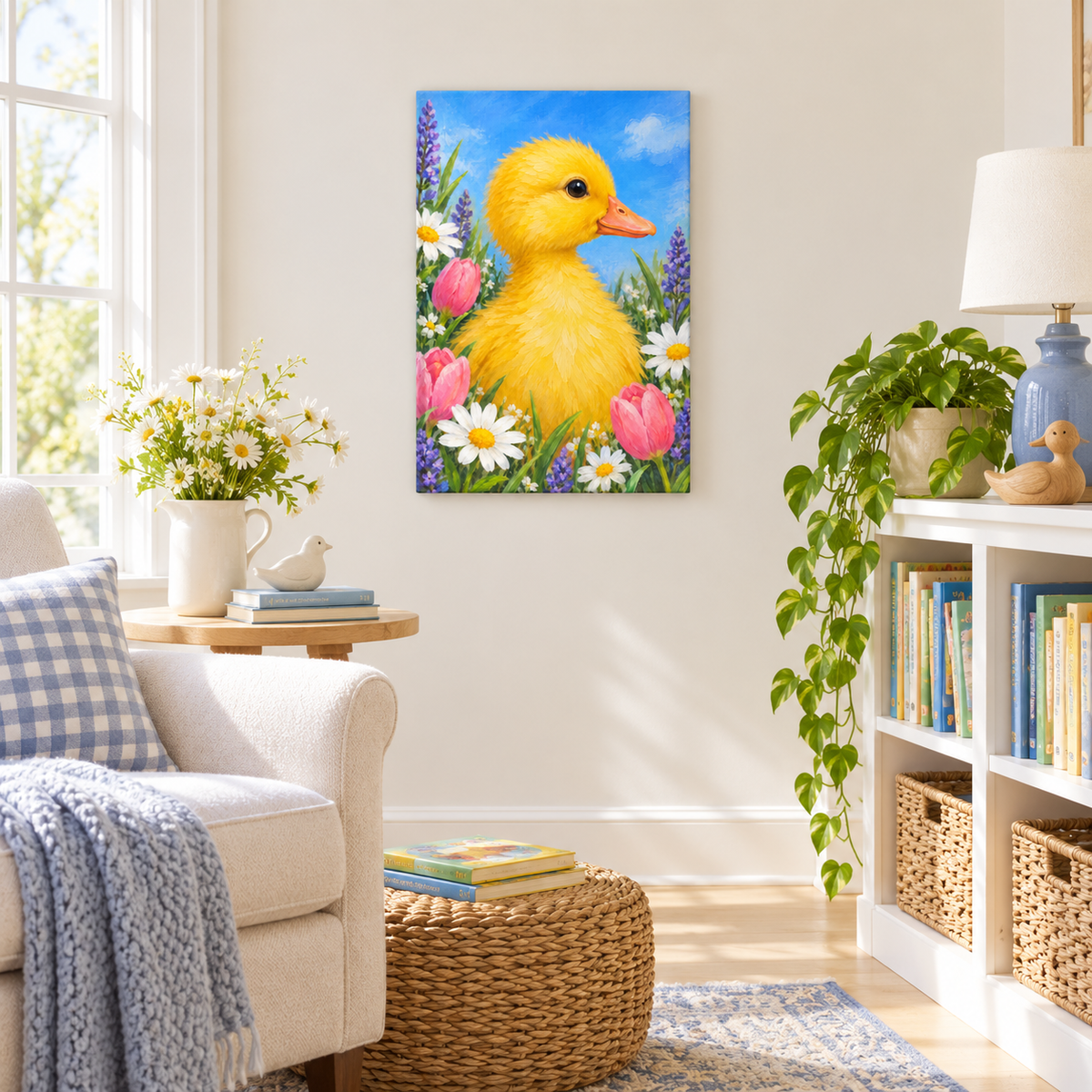 Spring Duckling and Flowers — Stretched Canvas room scene | AUSJOJO