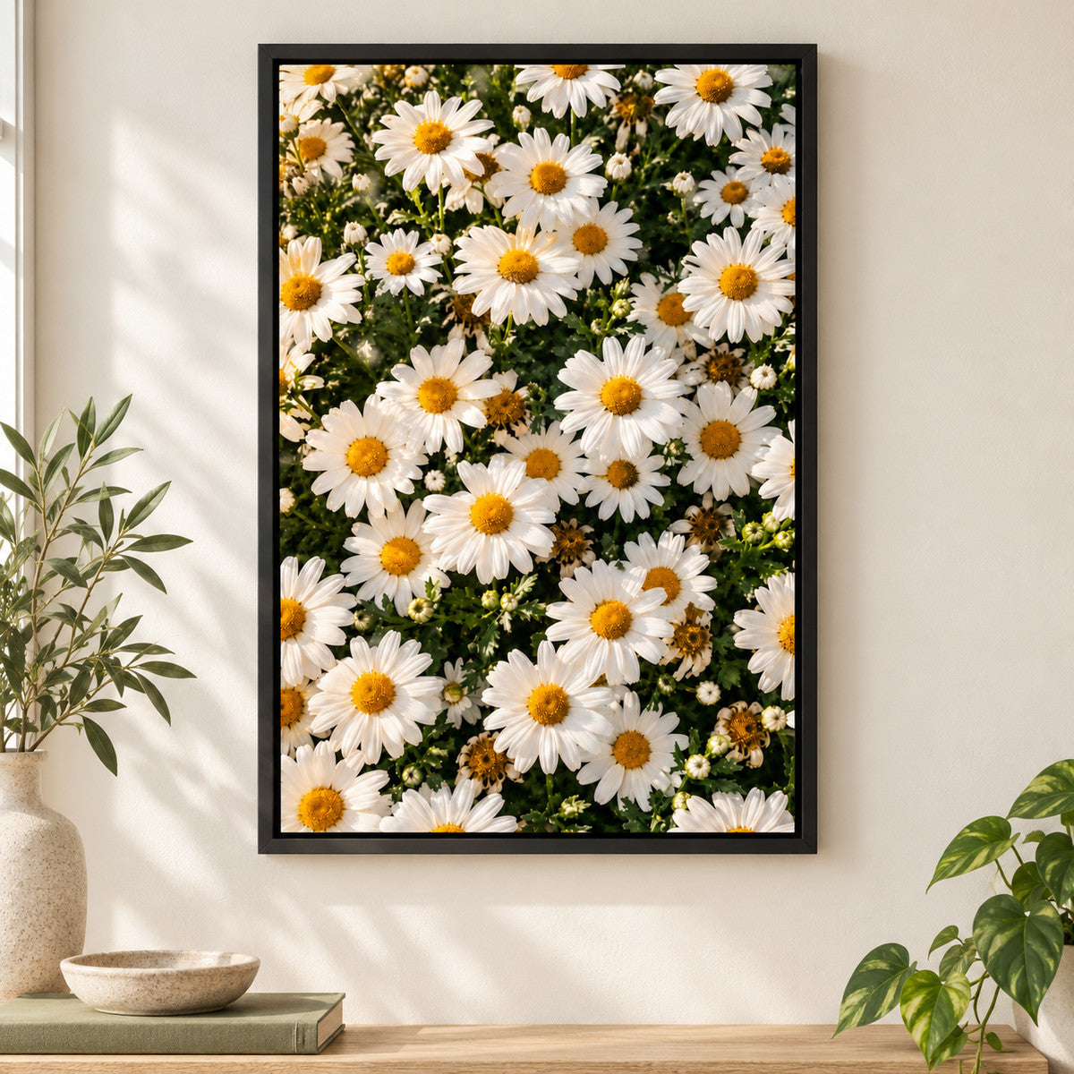 Sunlit White Daisy Carpet — Black Frame wall scene | AUSJOJO