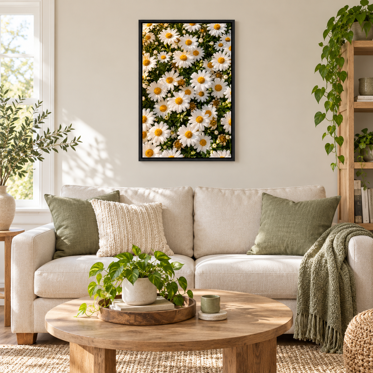 Sunlit White Daisy Carpet — Black Frame room scene | AUSJOJO