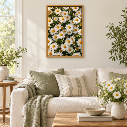 Sunlit White Daisy Carpet — Brown Frame room scene | AUSJOJO