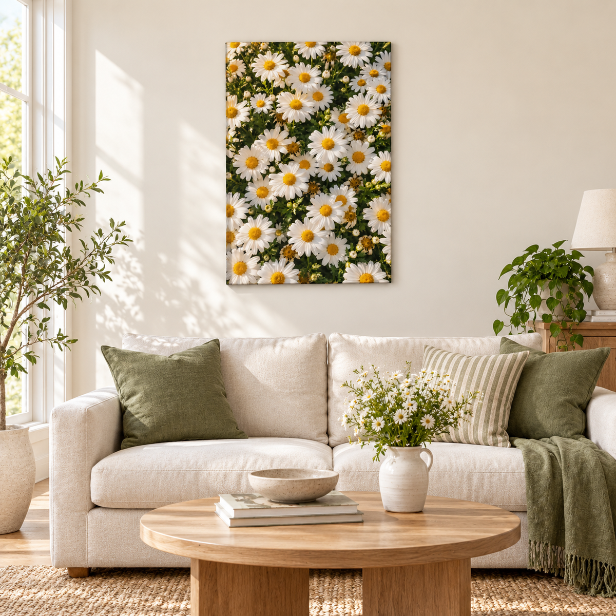 Sunlit White Daisy Carpet — Stretched Canvas room scene | AUSJOJO